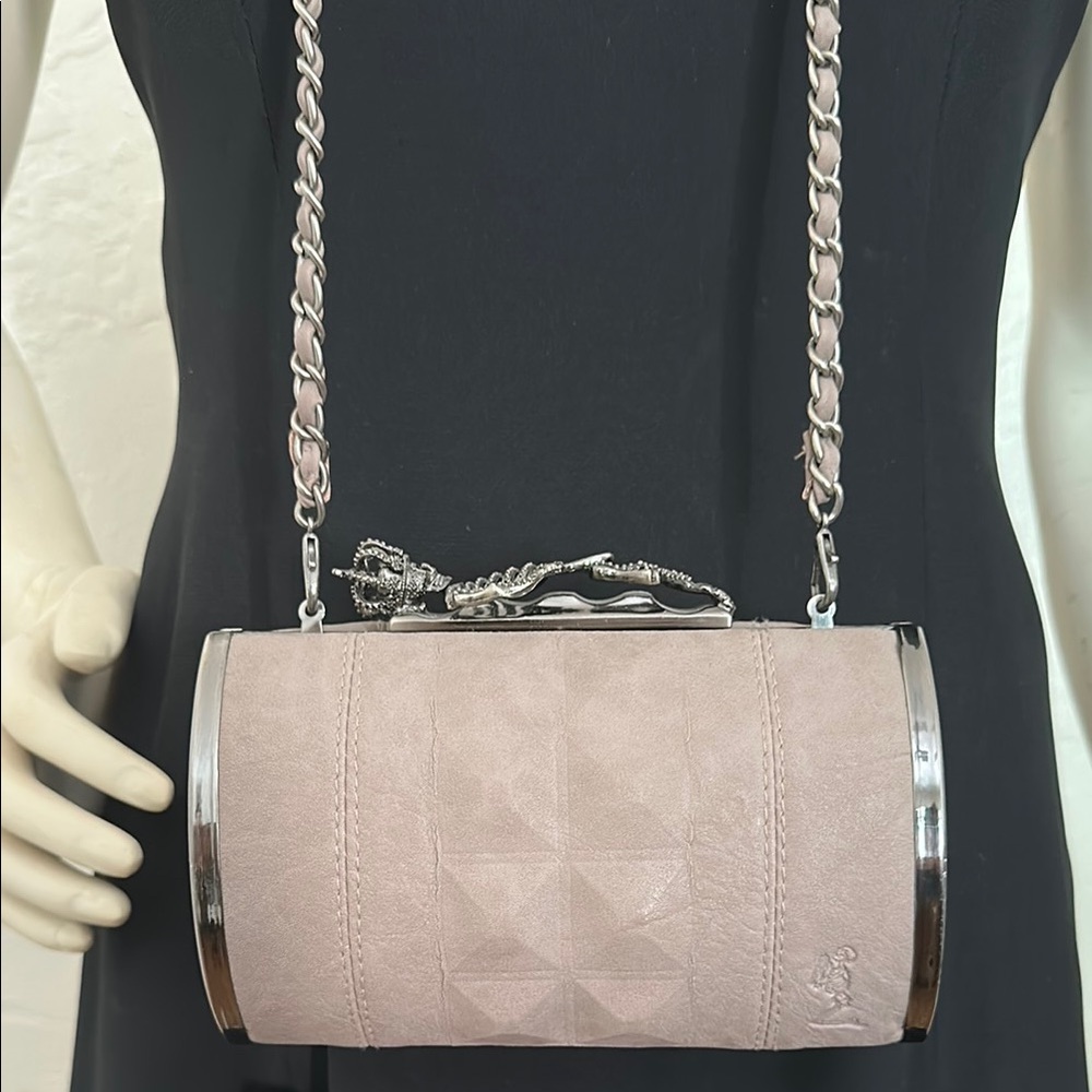 Religion taupe leather covered box bag Clutch with skeleton clasp & Chain Strap - Picture 7 of 12